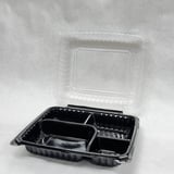 10 1/2" x 9" Black PP Plastic Hinged Container with Clear Vented Lid, 4-Compartment - (100/Case)