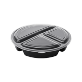32 oz. Black 3-Compartment Round Microwavable Heavy Weight Plastic Food Containers with Lids - (150/Case)