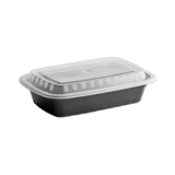 8 x 5 1/4 x 2" Microwave‑Safe 24 oz. Black PP Rectangular Container – Heavy‑Duty, Clear Lid – (150/Case)
