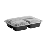 9 3/4 x 7 1/4 x 2" Microwave‑Safe 32 oz. Black PP Rectangular 3-Comartment Container – Heavy‑Duty, Clear Lid – (150/Case)
