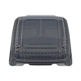 9" x 9" Black PP Plastic Hinged Container with Clear Vented Lid, 3-Compartment - (120/Case)
