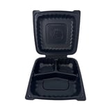 9" x 9" Black TFPP Plastic Clamshell To-Go Container, 3-Compartment​ - (110/Case)