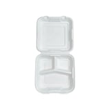 9" x 9" Heavy Duty Compostable Bagasse Clamshell To-go Container, 3-Compartment, White - (200/Case)