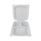 9" x 9" White TFPP Plastic Clamshell To-Go Container, 3-Compartment​ - (120/Case)