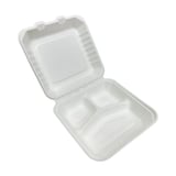 9" x 9" x 3" White Compostable Bagasse Clamshell Take-Out Containers, 3-Compartment - (120/Case)