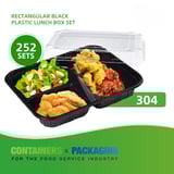Rectangular Black 3-Compartment Plastic Bento Box Set 9.3" x 7.5" x 1.9" - (252/Case)