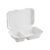 9" x 6" x 3" Sugarcane Bagasse Clamshell White 2-Compartment Takeout Container - (200/Case)