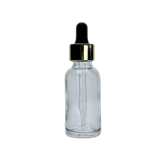 1 oz. (30 ml) Clear Boston Round Glass Bottle with Black Bulb & Gold Dropper - (81/Case)