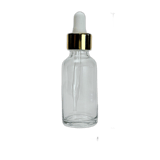 1 oz. (30 ml) Clear Boston Round Glass Bottle with White Bulb & Gold Dropper - (81/Case)