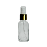 1 oz. (30 ml) Clear Boston Round Glass Bottle with White Fine Mist Sprayer, Gold Collar and Clear Overcap - (81/Case)