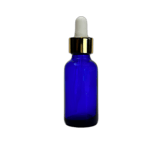 1 oz. (30 ml) Cobalt Blue Boston Round Glass Bottle with White Bulb & Gold Dropper - (81/Case)