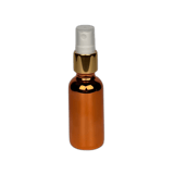 1 oz. (30 ml) Copper Boston Round Glass Bottle with White Fine Mist Sprayer, Gold Collar and Clear Overcap - (81/Case)