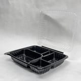 10 1/2" x 9" Black PP Plastic Hinged Container with Clear Vented Lid, 5-Compartment - (100/Case)