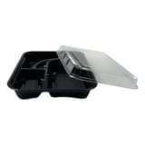 10 9/16" x 8 3/16" x 1 5/16" Black PS Plastic Bento Box with Clear Lid, 5-Compartment, Medium - (200/Case)