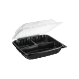 10" x 10" Microwaveable 3-Compartment Black Base with Clear Hinged Lid Plastic Take-out Containers - (150/Case)