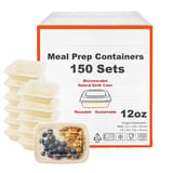 12 oz Beige Microwavable Rectangular PP Plastic Food Container with Clear Lid - (150/Case)