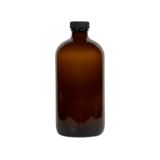 16 oz. Amber Boston Round Glass Bottle with Black Cap - (12/Case)