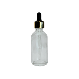 2 oz. (60 ml) Clear Boston Round Glass Bottle with Black Bulb & Gold Dropper - (49/Case)
