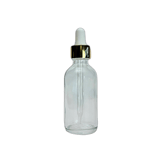 2 oz. (60 ml) Clear Boston Round Glass Bottle with White Bulb & Gold Dropper - (49/Case)