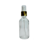 2 oz. (60 ml) Clear Boston Round Glass Bottle with White Fine Mist Sprayer, Gold Collar and Clear Overcap - (49/Case)