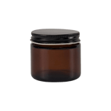 2 oz. Amber Glass 53-400 Straight Sided Round Jar with Black Metal Lid - (24/Case)
