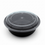 24 oz Heavy Duty Black Microwavable Round PP Plastic Food Container with Clear Lid - (150/Case)