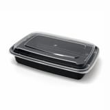 28 oz Black Microwavable Rectangular PP Plastic Food Container with Clear Lid - (150/Case)