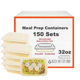 32 oz Beige Microwavable Rectangular PP Plastic Food Container with Clear Lid - (150/Case)