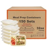 32 oz Beige Microwavable Rectangular PP Plastic Food Container with Clear Lid, 2-Compartment - (150/Case)