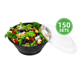 32 oz. Black Round Plastic Bowls with Lids - (150/Case)