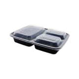 33 oz 3-Compartment Black Microwavable PP Plastic Rectangular Food Container with Clear Lid - (150/Case)