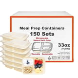 33 oz Beige Microwavable Rectangular PP Plastic Food Container with Clear Lid, 3-Compartment - (150/Case)