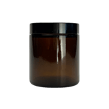 4 oz. Amber Glass 58-400 Straight Sided Round Jar with PP Black Lid and Sealing Disc Liner - (24/Case)