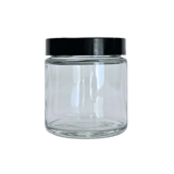 4 oz. Clear Glass 58-400 Straight Sided Round Jar with PP Black Lid and Sealing Disc Liner - (24/Case)