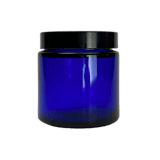 4 oz. Cobalt Blue Glass 58-400 Straight Sided Round Jar with PP Black Lid and Sealing Disc Liner - (24/Case)