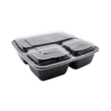 45 oz Black Microwavable Rectangular PP Plastic Food Container with Clear Lid, 3-Compartment - (100/Case)
