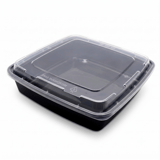 48 oz Black Microwavable Square PP Plastic Food Container with Clear Lid - (100/Case)