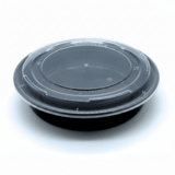 48 oz Heavy Duty Black Microwavable 9" Round PP Plastic Food Container with Clear Lid - (150/Case)