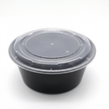 48 oz Heavy Duty Black Microwavable Round PP Plastic Food Container with Clear Lid - (150/Case)