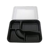 5-Compartment Black PS Plastic Bento Box with Clear Lid, 10 3/4" x 10 3/4" x 1 1/2" - (100/Case)