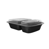 9 x 6 x 2" Microwave‑Safe 32 oz. Black PP Rectangular 2-Compartment Container – Heavy‑Duty, Clear Lid – (150/Case)