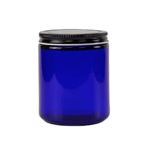 8 oz. Cobalt Blue Glass 70-400 Straight Sided Round Jar with Black Metal Lid - (24/Case)