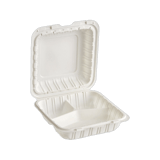 8 x 8" White Mineral-Filled PP Hinged Takeout Container, Microwaveable, 3-Compartment - (150/Case)