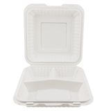 8" x 8" White Microwavable PP Plastic Hinged Container, 3-Compartment - (150/Case)