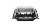 8" x 8" Microwaveable 3-Compartment Black Base with Clear Hinged Lid Plastic Take-out Containers - (150/Case)