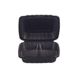 9" x 9" Black Microwavable PP Plastic Hinged Container, 3-Compartment - (150/Case)