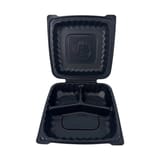 9" x 9" Black TFPP Plastic Clamshell To-Go Container, 3-Compartment​ - (110/Case)