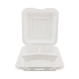 9" x 9" White Microwavable PP Plastic Hinged Container, 3-Compartment - (150/Case)