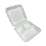 9" x 9" x 3" White Compostable Bagasse Clamshell Take-Out Containers, 3-Compartment - (120/Case)