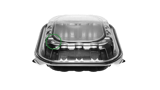 9" x 10" Microwaveable 3-Compartment Black Base with Clear Hinged Lid Plastic Take-out Containers - (150/Case)